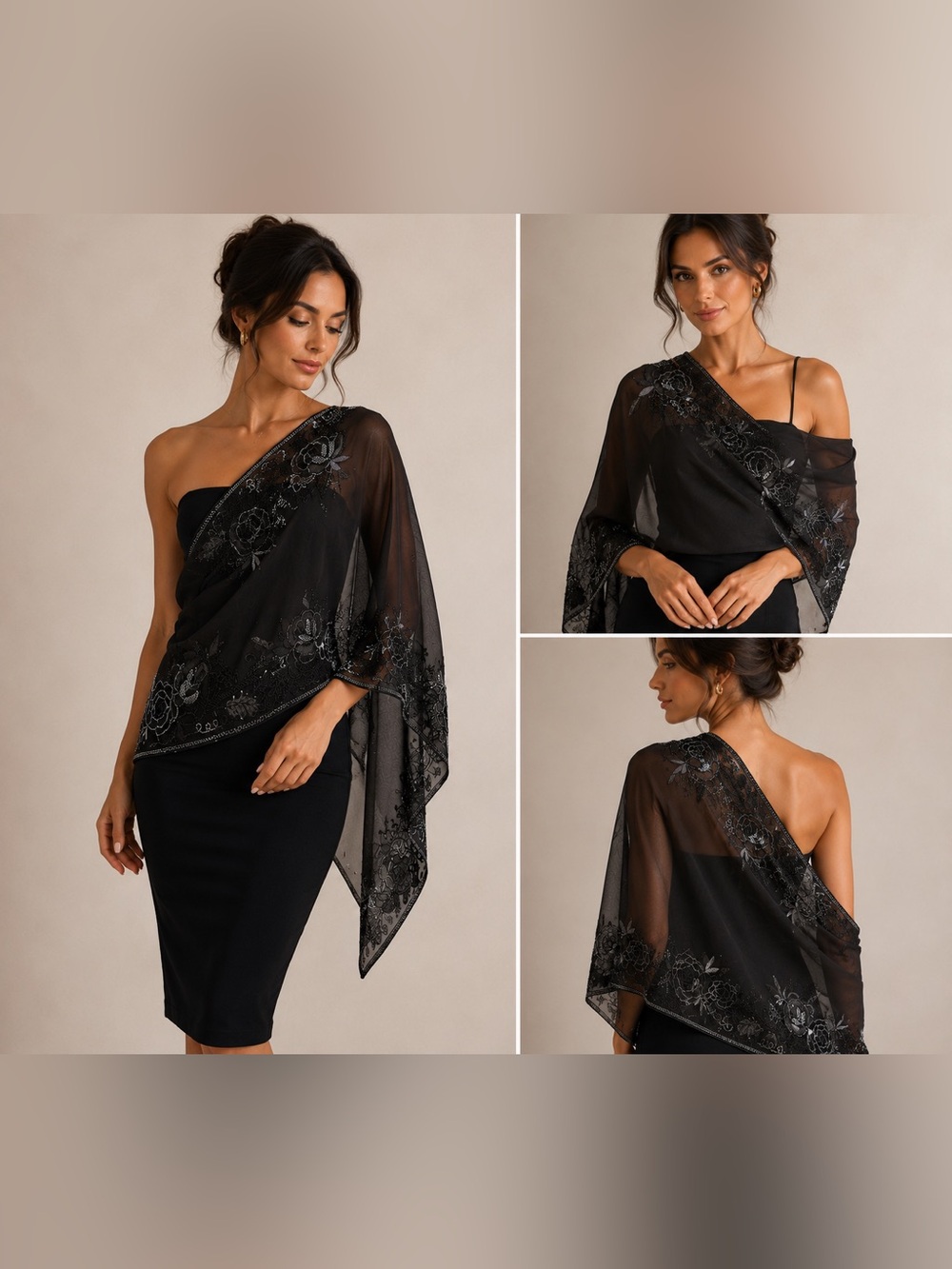 Black Sheer Shawl with Floral Embroidery. Brand New. Never used